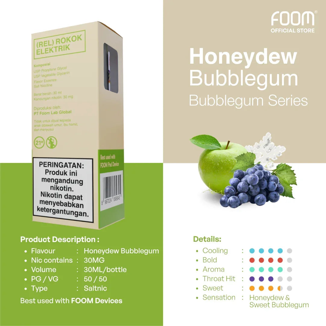 FOOM Liquid Vape Salt Nic Enak dan Pods Vape Terbaik | 8997024695645-honeydew_bubblegum_-_details