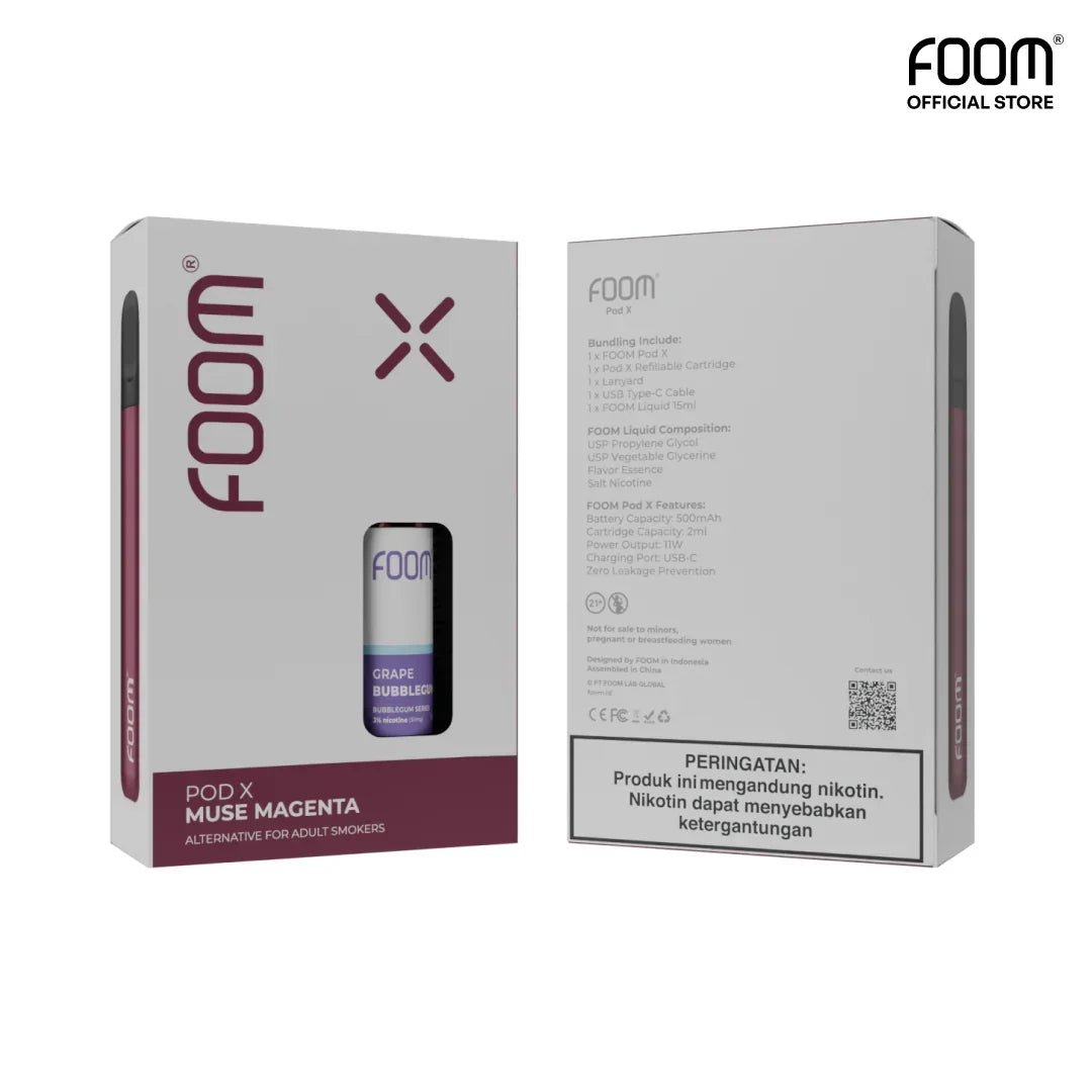 FOOM Liquid Vape Salt Nic Enak dan Pods Vape Terbaik | FOOM_Pod_X_Muse_Magenta_-_Box_-_Bundling_Liquid_15ml_Box_-_Grape_Bubblegum