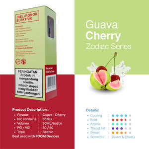 E-liquid FOOM Guava Cherry 30MG – kombinasi jambu segar dan ceri manis dalam saltnic 50/50, memberikan sensasi throat hit smooth dan aroma kuat