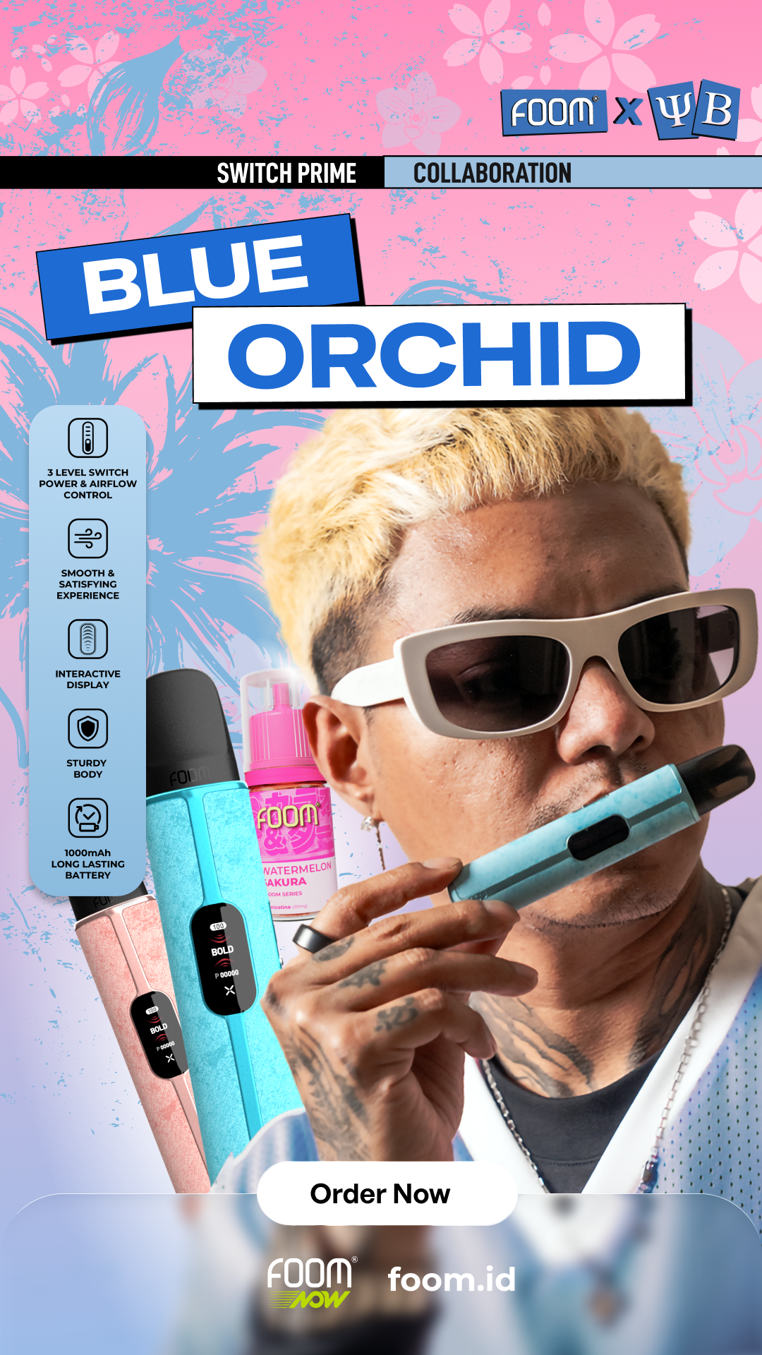 FOOM Pod X Switch Prime Blue Orchid X YB Reza Arap | FOOM Liquid Vape Salt Nic Terenak dan Pod Vape Terbaik