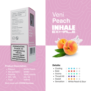 E-liquid Saltnic Veni Peach, aroma persik putih segar, 50/50 PG/VG, 30ML, untuk pengalaman vaping yang unik dan menyegarkan.