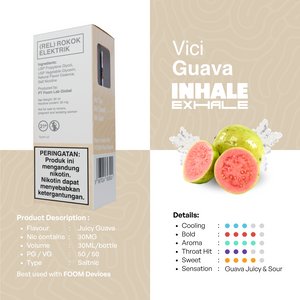 Juicy Guava e-liquid dengan sensasi juicy & sour, 30MG nikotin, 30ML, ideal untuk pengguna FOOM Devices, rasa guava yang kuat.