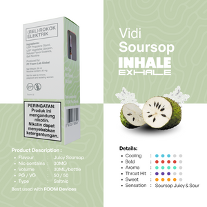 Vidi Soursop e-liquid dengan rasa Juicy Soursop, 30MG nikotin, 30ML/bottle, sensasi juicy & sour yang menyegarkan.